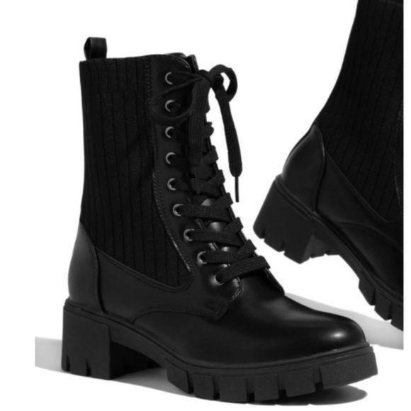 Black Knit Shaft Lace Up Combat Boots - Picture 3 of 4